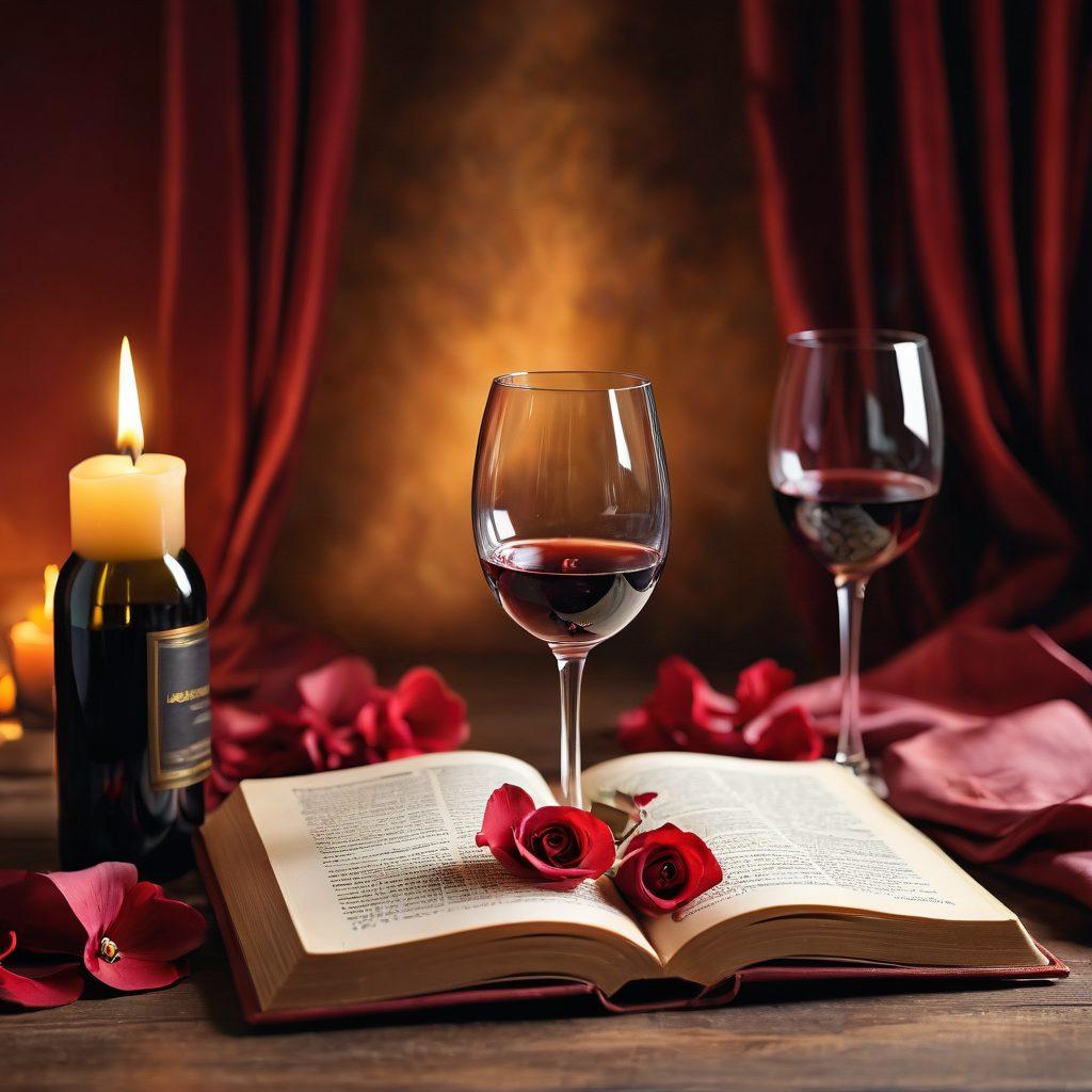 A seductive and inviting literary scene featuring an open book with pages fluttering, surrounded by soft candlelight and rose petals. A glass of deep red wine sits beside it, while shadows play on a velvet backdrop, suggesting intimacy and depth. Ethereal wisps of desire swirl around, hinting at romantic escapades. super-realistic. warm colors. soft focus.