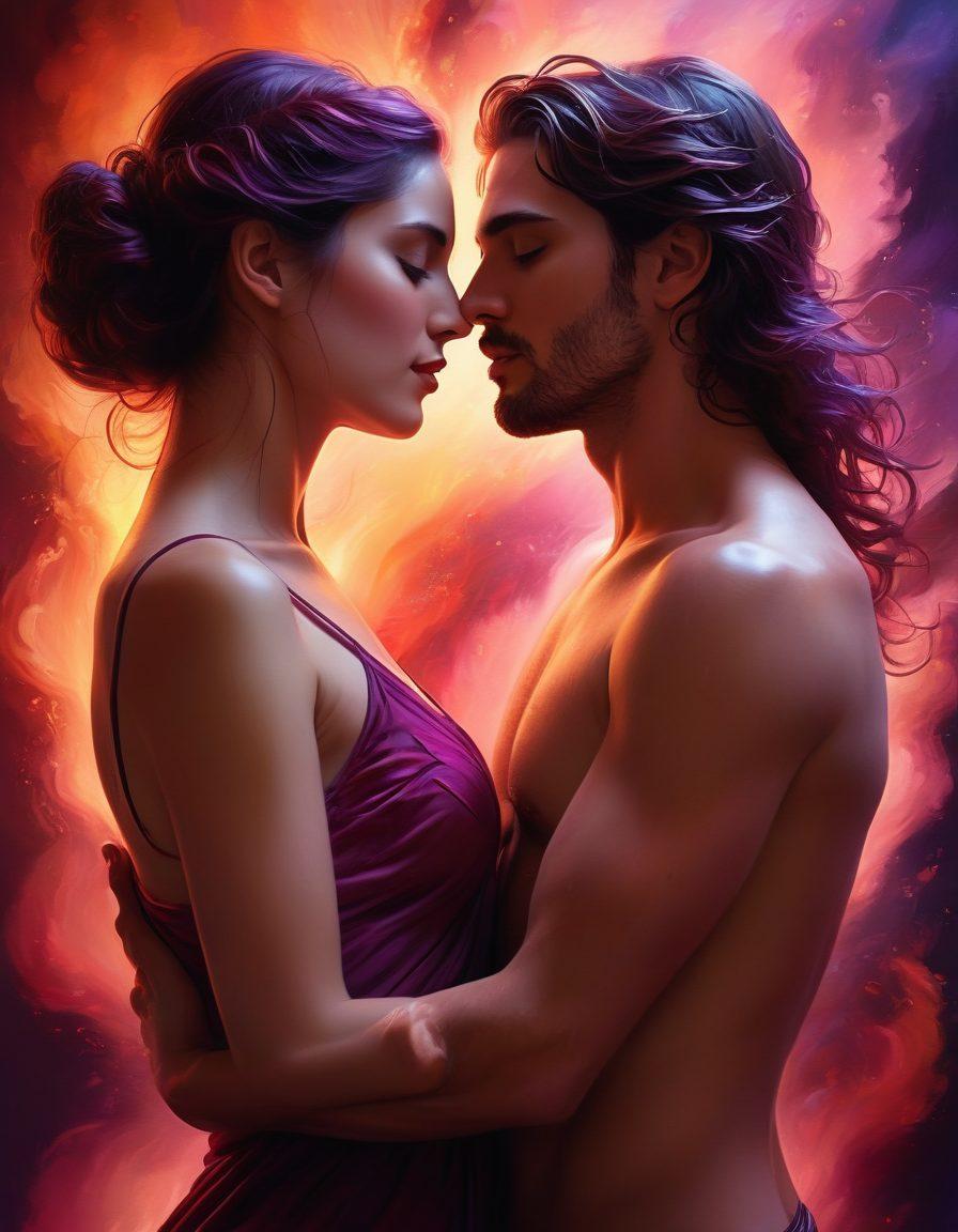 A passionate embrace between two lovers, surrounded by swirling colors that represent intense emotions and desire. Include elements such as glowing hearts and wisps of steam to create a steamy atmosphere. The backdrop features an abstract representation of a romantic cityscape at twilight. Incorporate soft, warm lighting to evoke intimacy. vibrant colors. super-realistic.